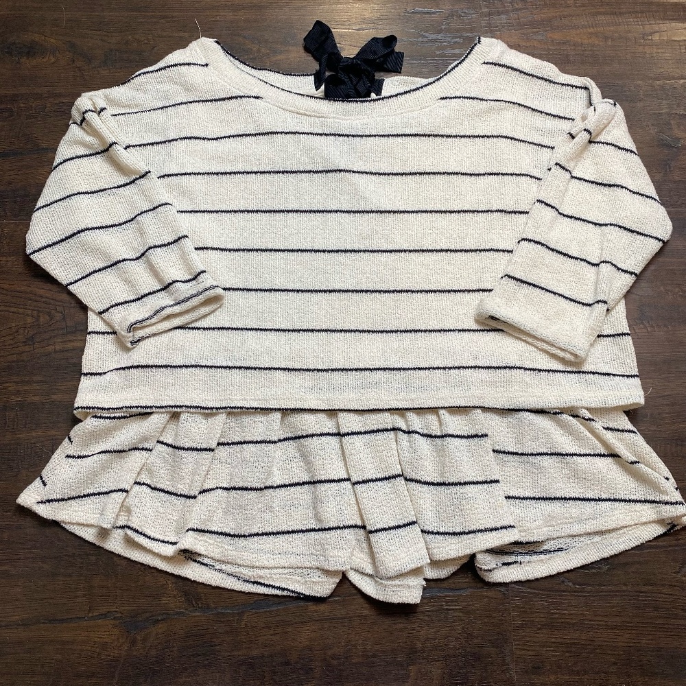 Anthropologie Tie Neck Cream & Black Striped Peplum Crochet Knit Sweater Size L